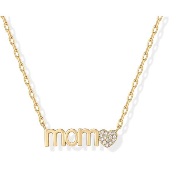 💛 14K Gold-Plated “Mom” Necklace | Heart CZ Detail | Perfect Mother’s Gift - Picture 1 of 3
